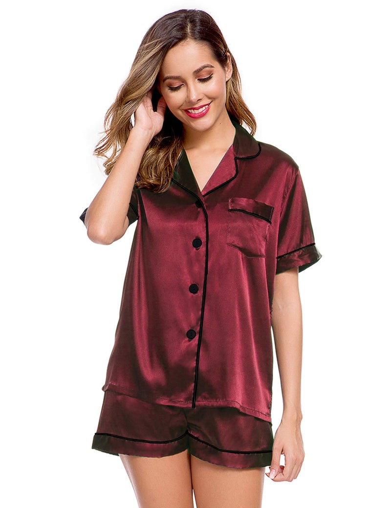 LecGee Womens Pajamas Set Silk Satin Sleepwear Short Sleeve Nightwear Button Down Pj Lounge - Image 2